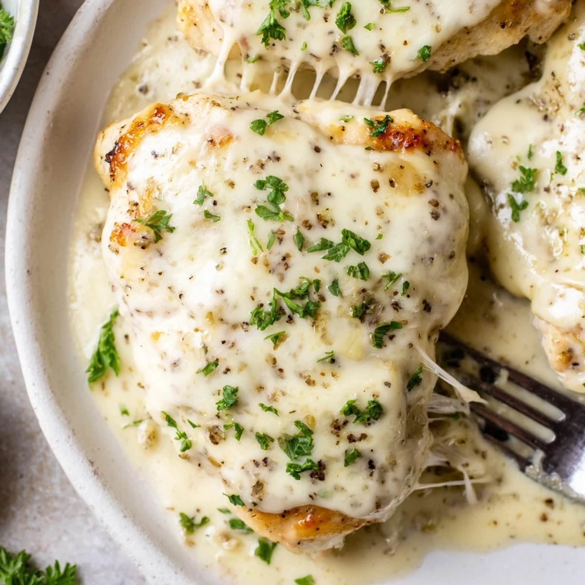Sliced Baked Caesar Chicken With Creamy Parmesan Sauce over roasted vegetables