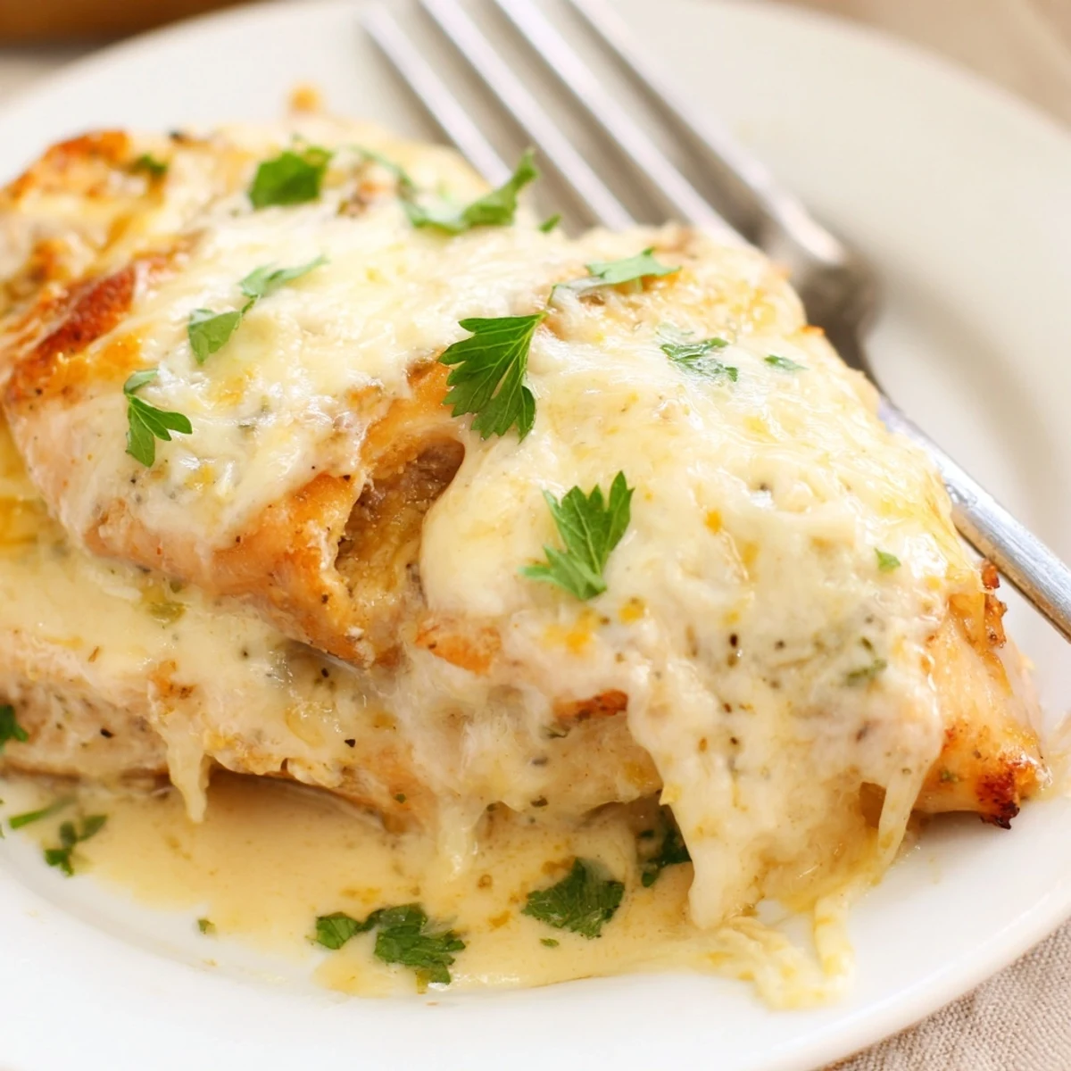Family-style Baked Caesar Chicken With Creamy Parmesan Sauce, creamy sauce pooling, garnish parsley