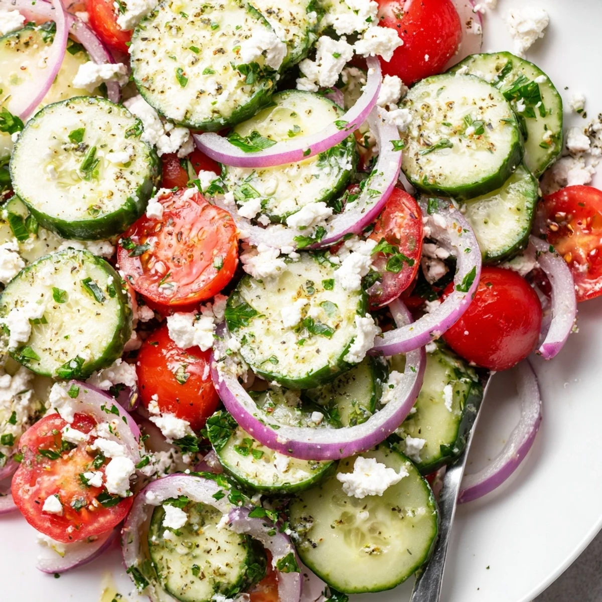 A chilled Cucumber Feta Salad With Lemon Greek Vinaigrette topped with crumbled feta