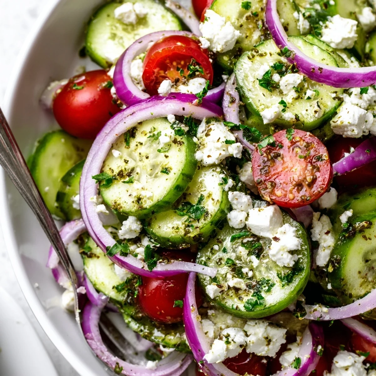 Bright, crunchy Cucumber Feta Salad With Lemon Greek Vinaigrette, tossed with parsley