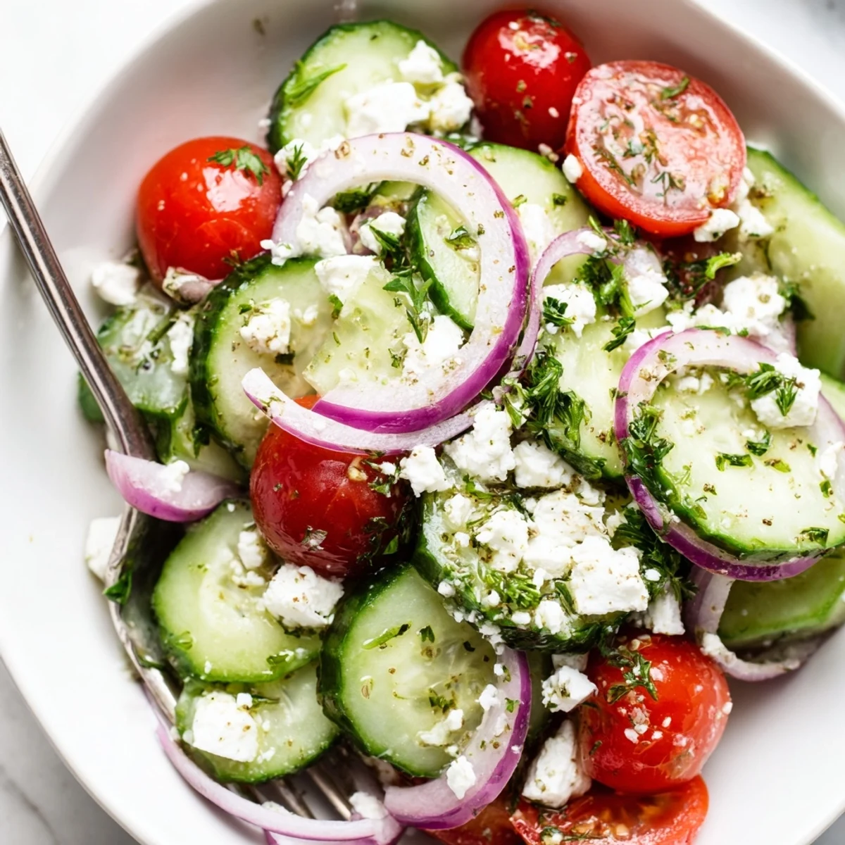 Serve Cucumber Feta Salad With Lemon Greek Vinaigrette alongside grilled fish for summer
