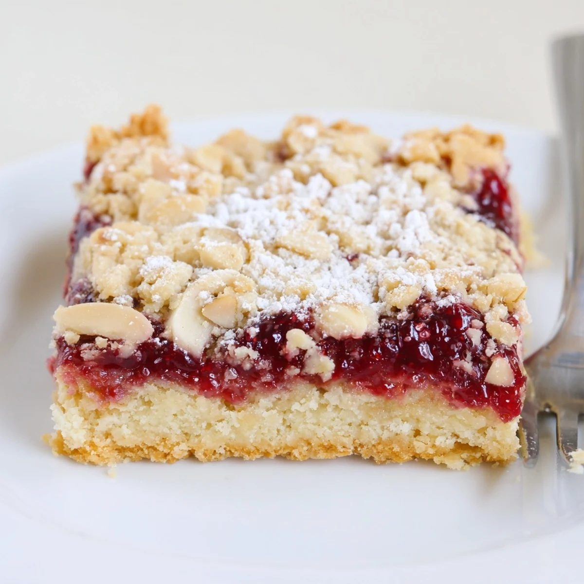 Raspberry Almond Bars with golden almond crumble and glossy jam, cooling on parchment