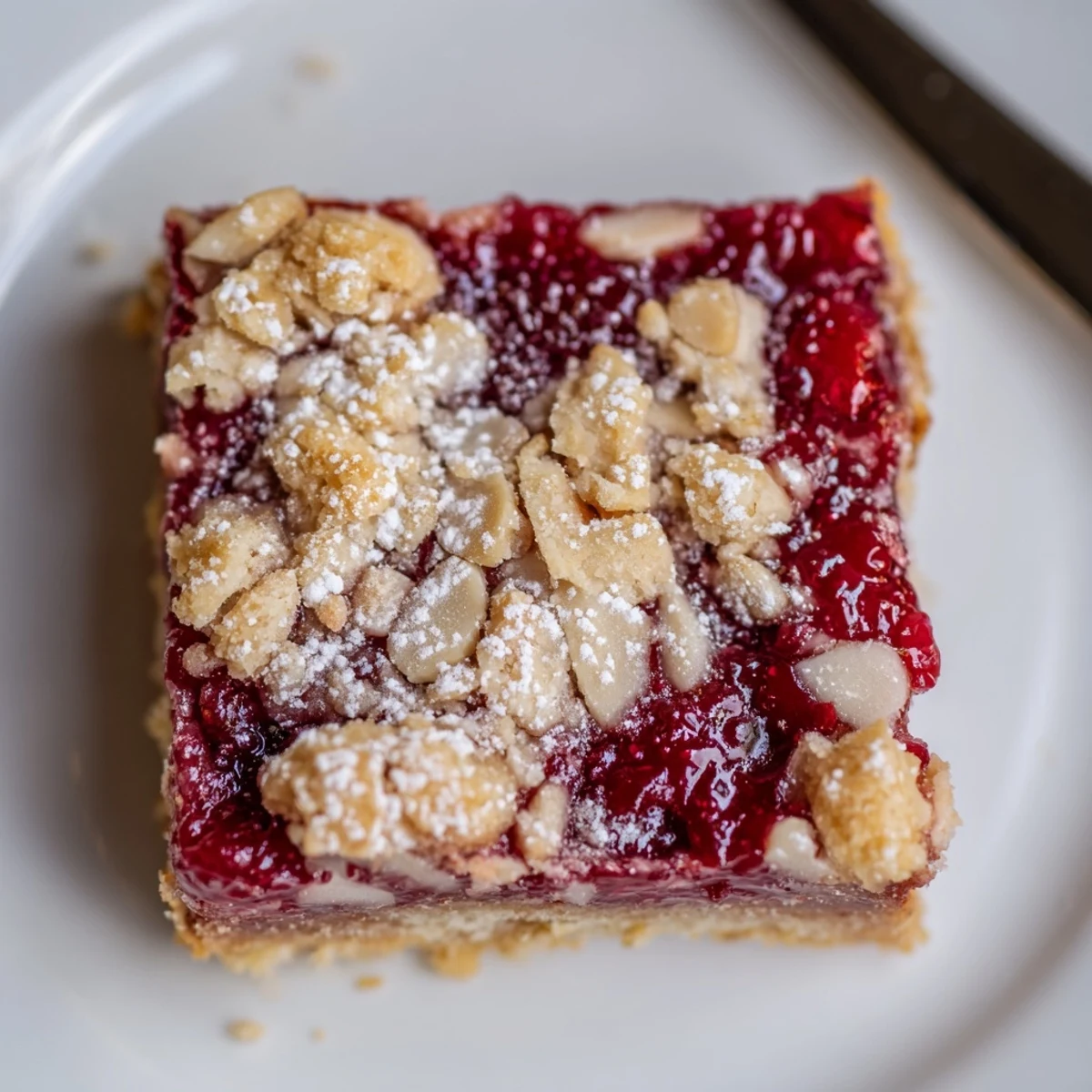 Warm Raspberry Almond Bars sliced into squares, topped with toasted almonds