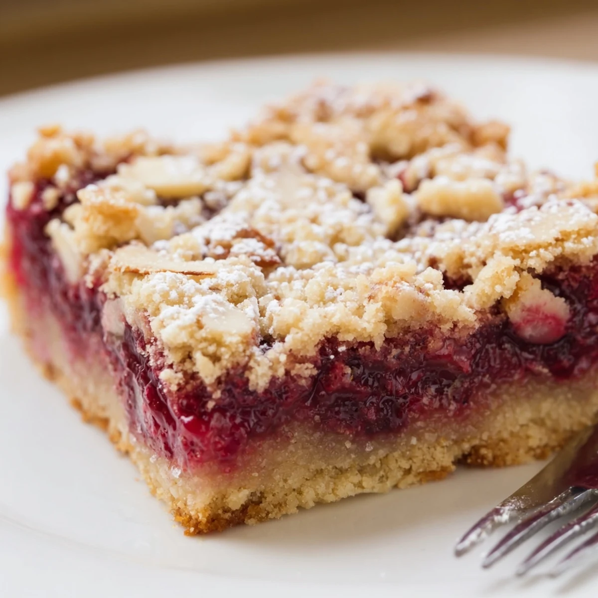Buttery Raspberry Almond Bars dusted with powdered sugar, served with vanilla ice cream