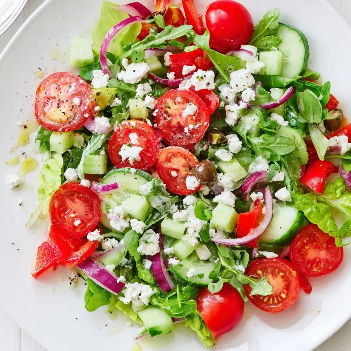 Bright bowl of mixed greens in this Fresh Salad Recipe, tossed and chilled.