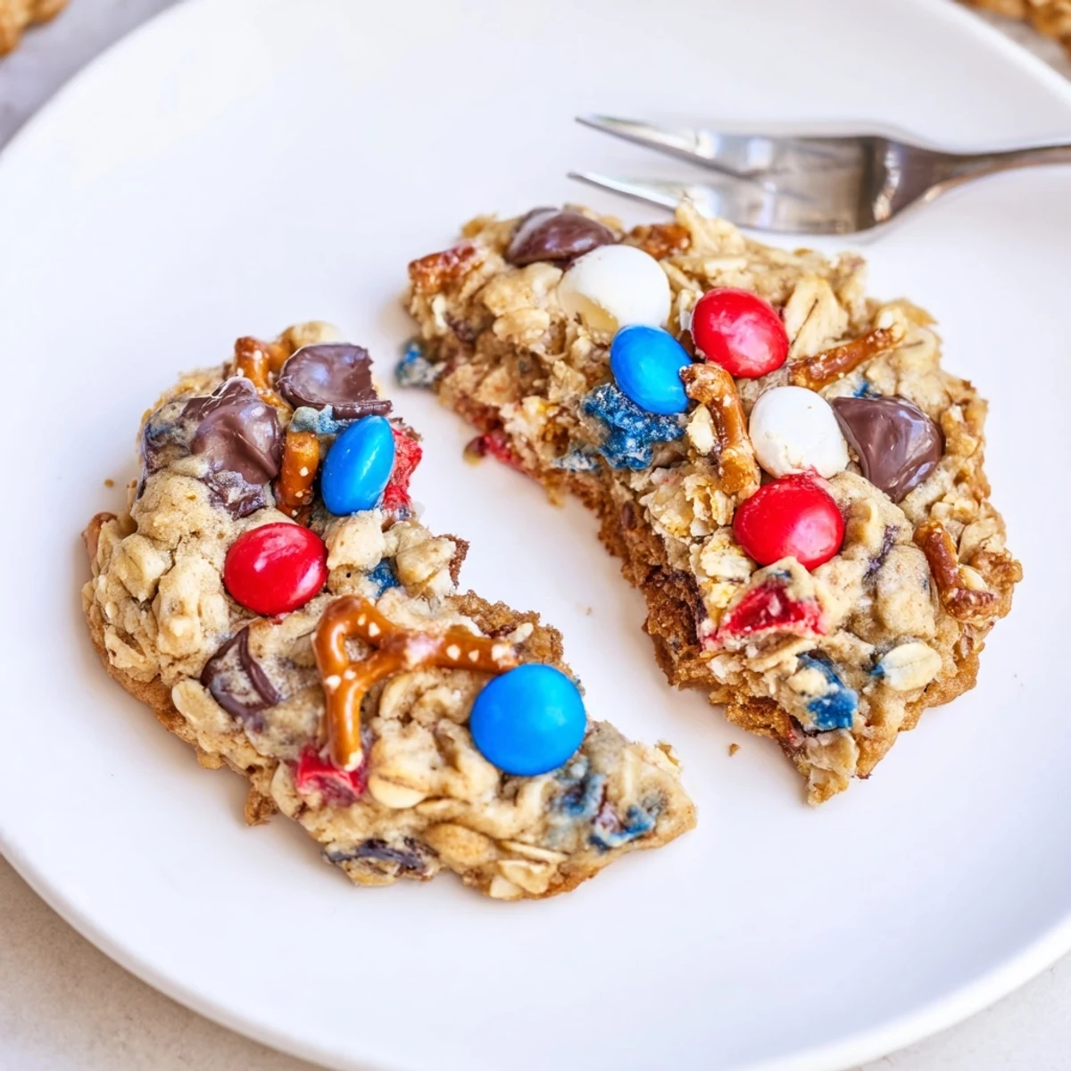 Warm Patriotic Monster Cookies Recipe cooling on rack, studded with red, blue candies