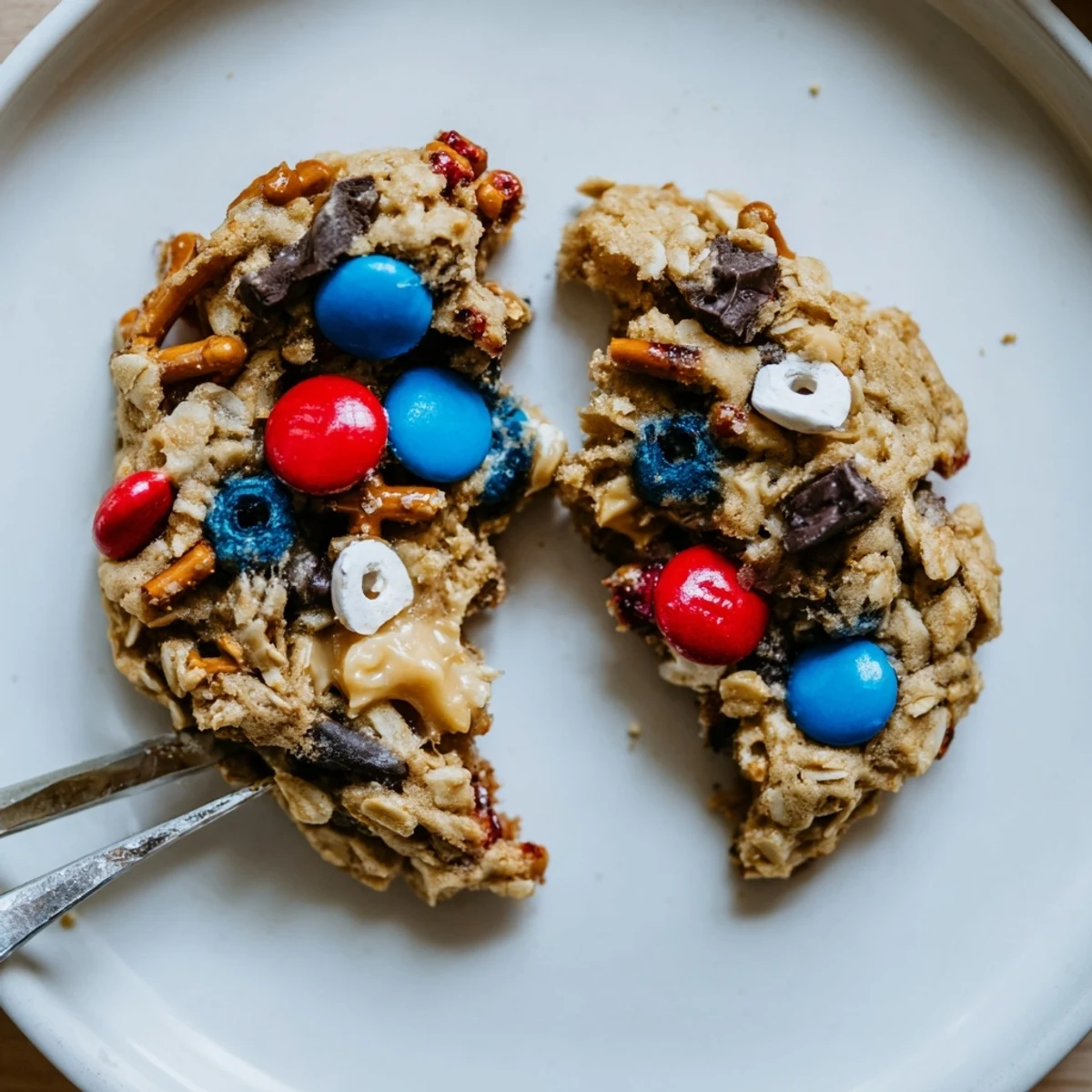 Stack of Patriotic Monster Cookies Recipe served with cold milk, chewy centers