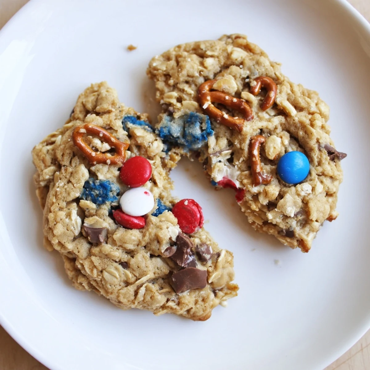 Baked Patriotic Monster Cookies Recipe golden edges, gooey chocolate chips and oats