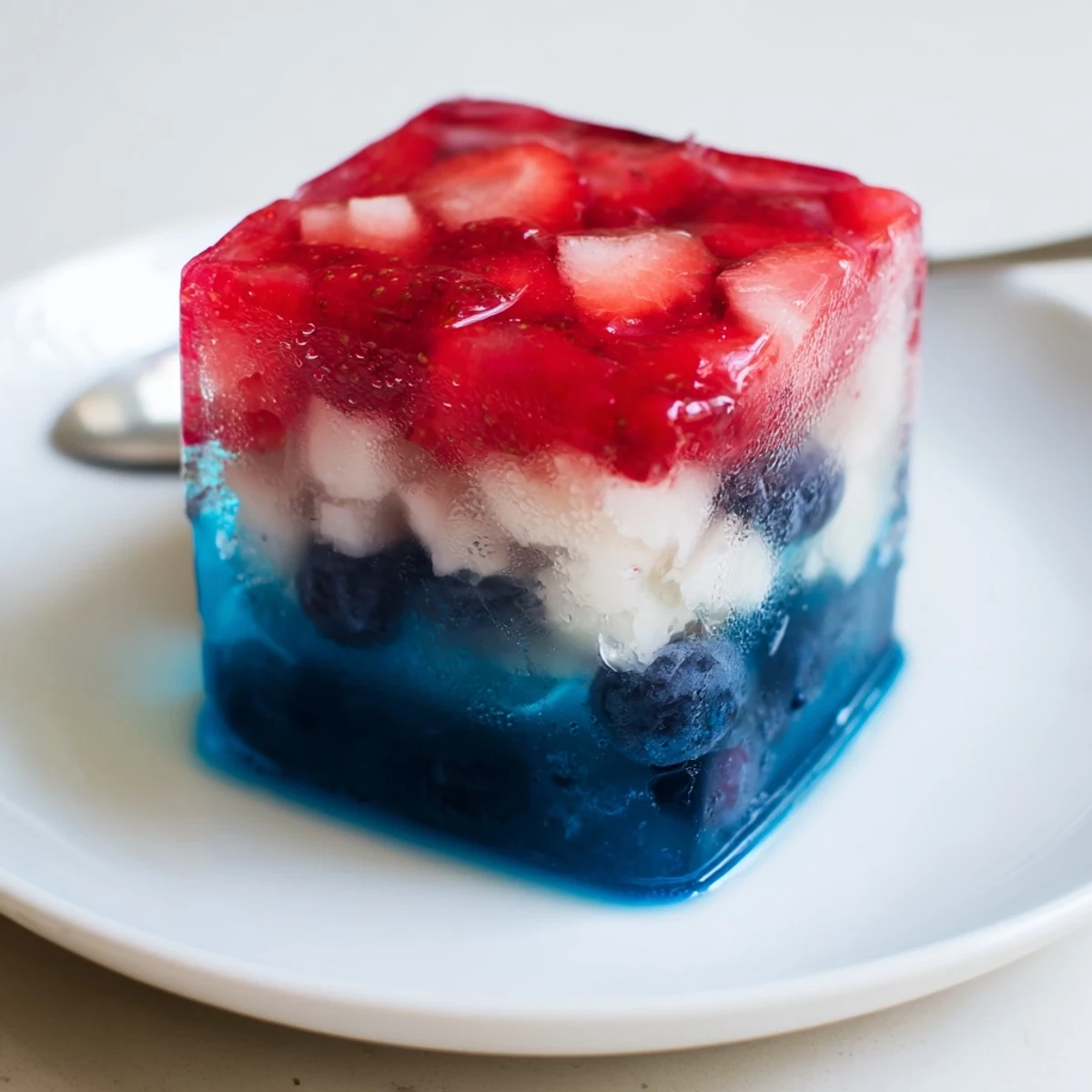 Close-up Red White And Blue Ice Cubes Recipe melting slightly in a glass