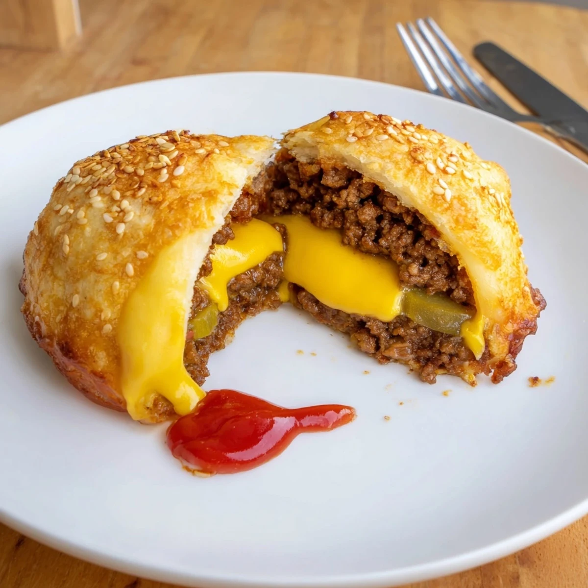 Golden biscuit wrapped Cheesy Cheeseburger Bombs Explosion Recipe oozing melted cheddar, sesame topping