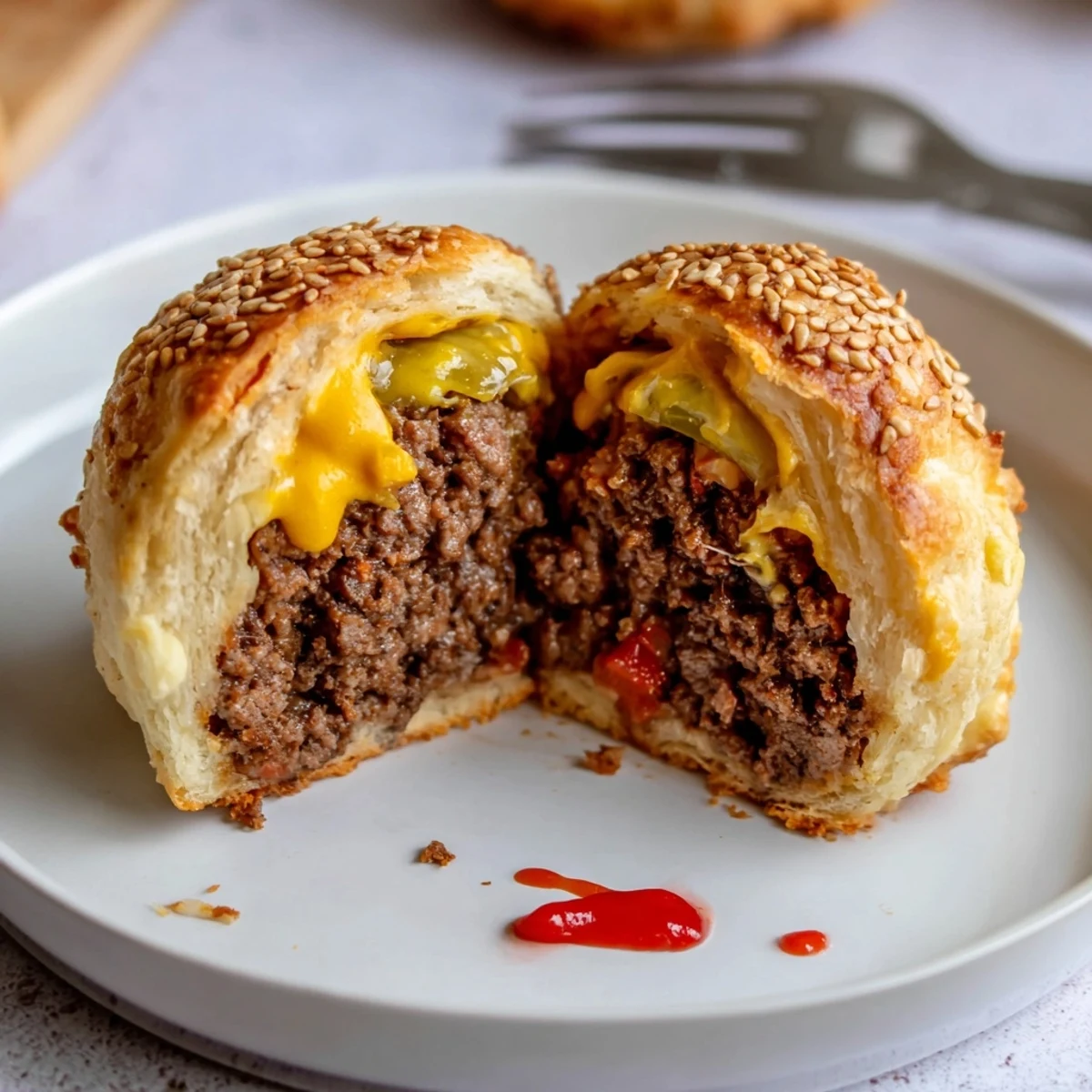 Plate of warm Cheesy Cheeseburger Bombs Explosion Recipe, savory beef and gooey mozzarella