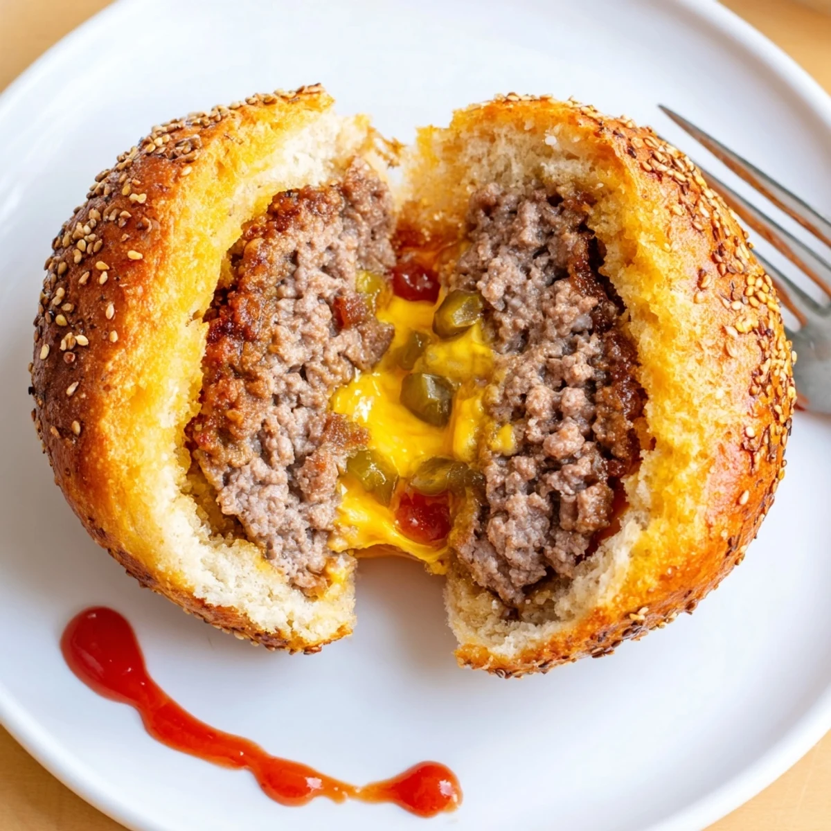 Hand held Cheesy Cheeseburger Bombs Explosion Recipe split open revealing steaming cheese pull