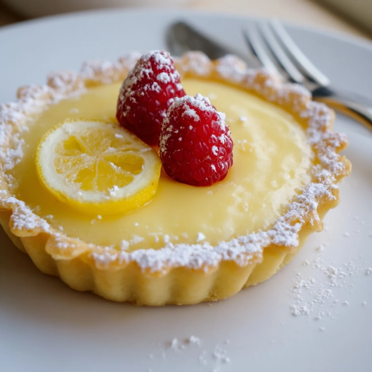 Creamy Lemon Tart Recipe on a golden crust, dusted with powdered sugar  
