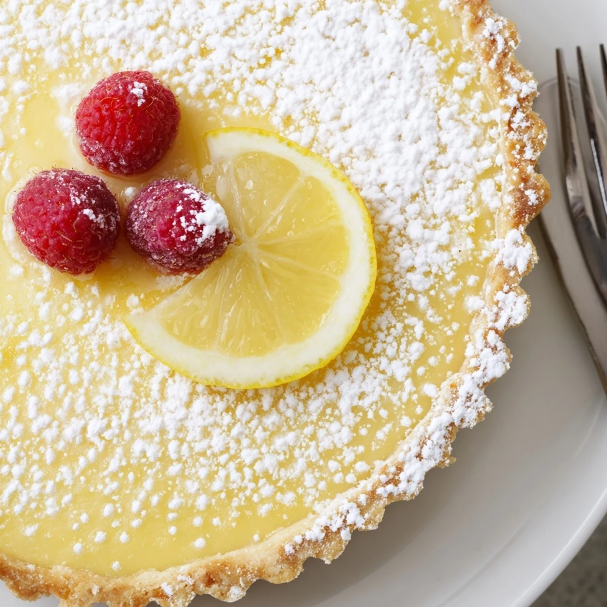 Homemade Creamy Lemon Tart glowing under natural light, served with sparkling wine