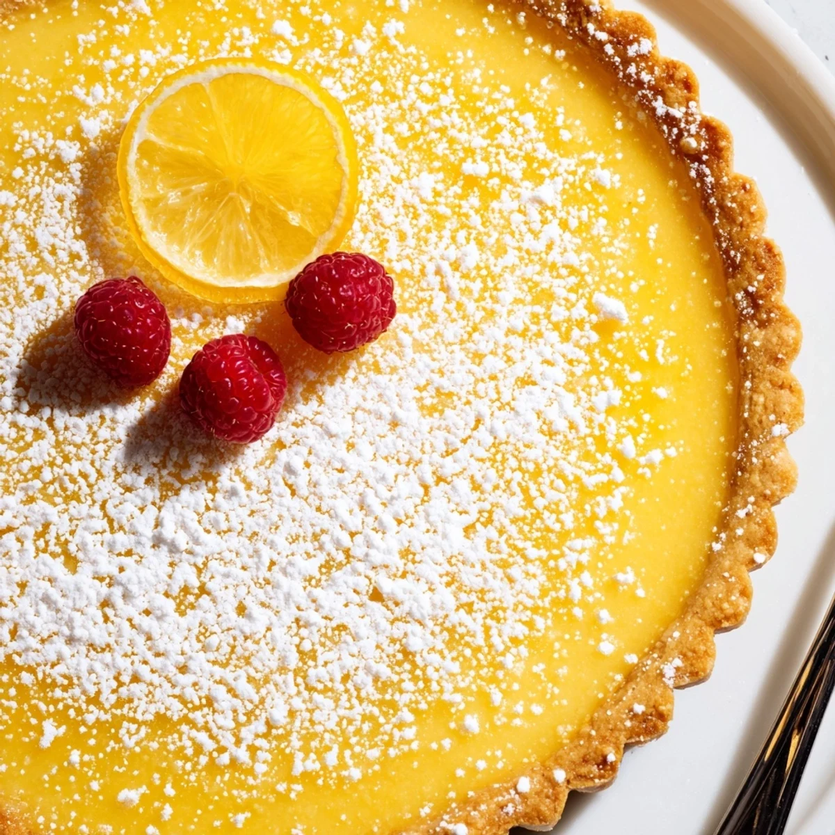 Sliced Creamy Lemon Tart chilled, silky custard filling and fresh berry garnish  