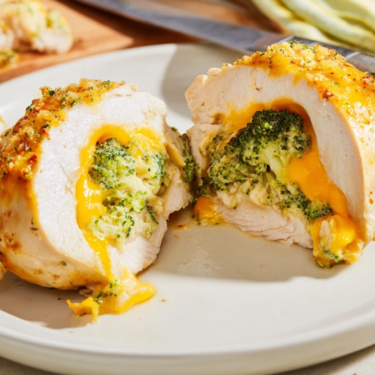 Broccoli Cheese Stuffed Chicken Breast, golden baked, oozing melted cheddar and herbs.