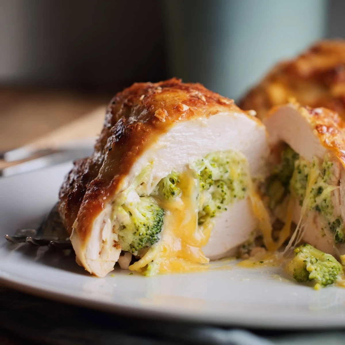 Savory Broccoli Cheese Stuffed Chicken Breast sliced, creamy filling, garlic and paprika aromas.