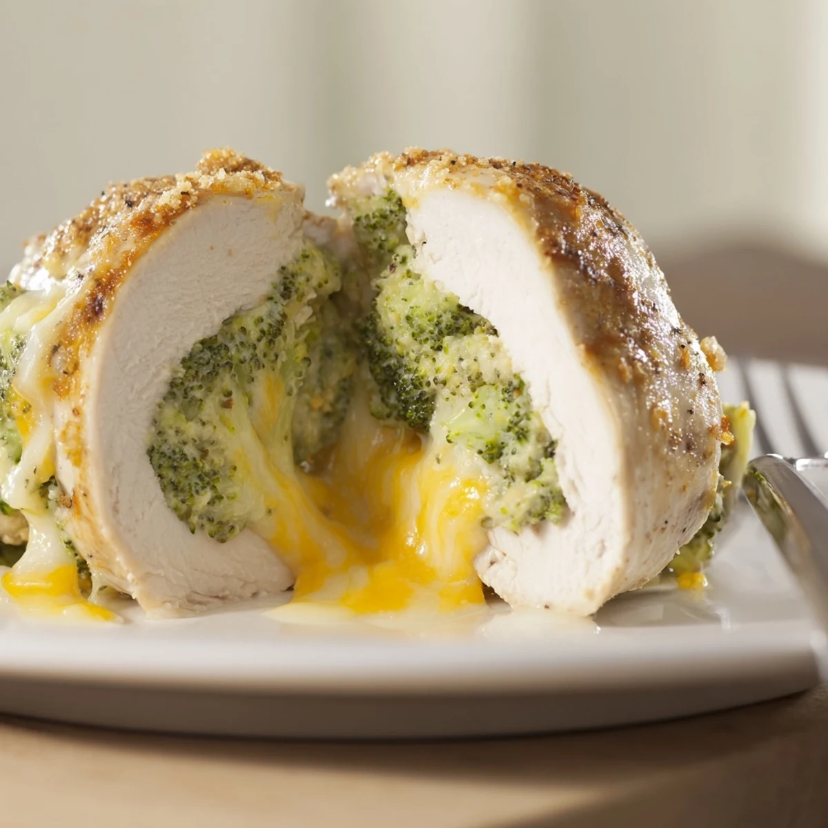 Juicy Broccoli Cheese Stuffed Chicken Breast on parchment, ready to serve with salad.