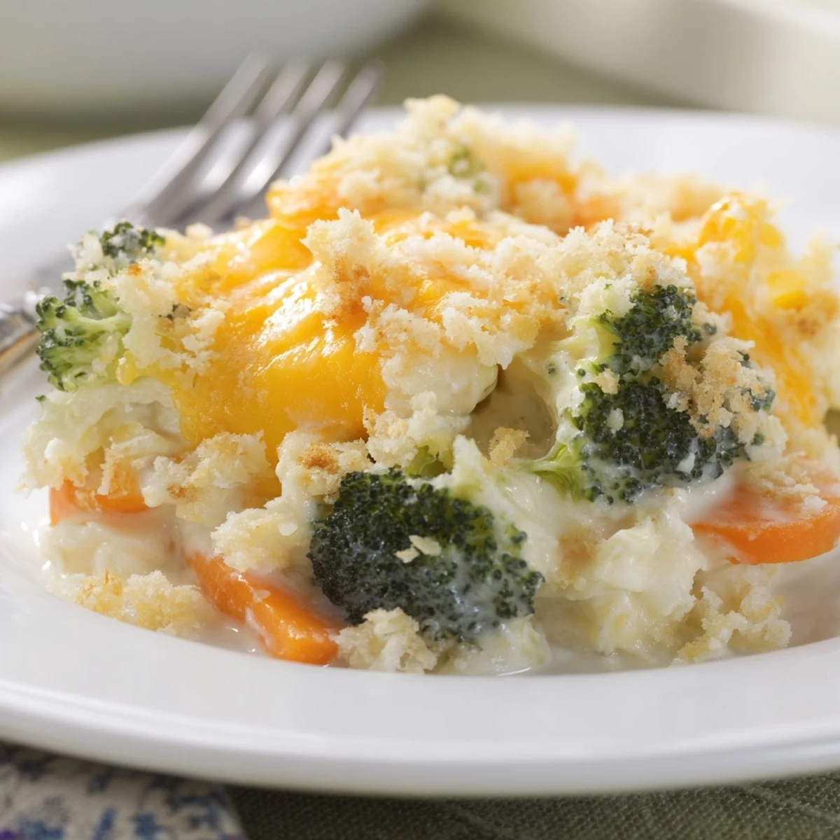 Cheese Bake Broccoli Carrots bubbling, golden top with tender florets and sweet carrots  