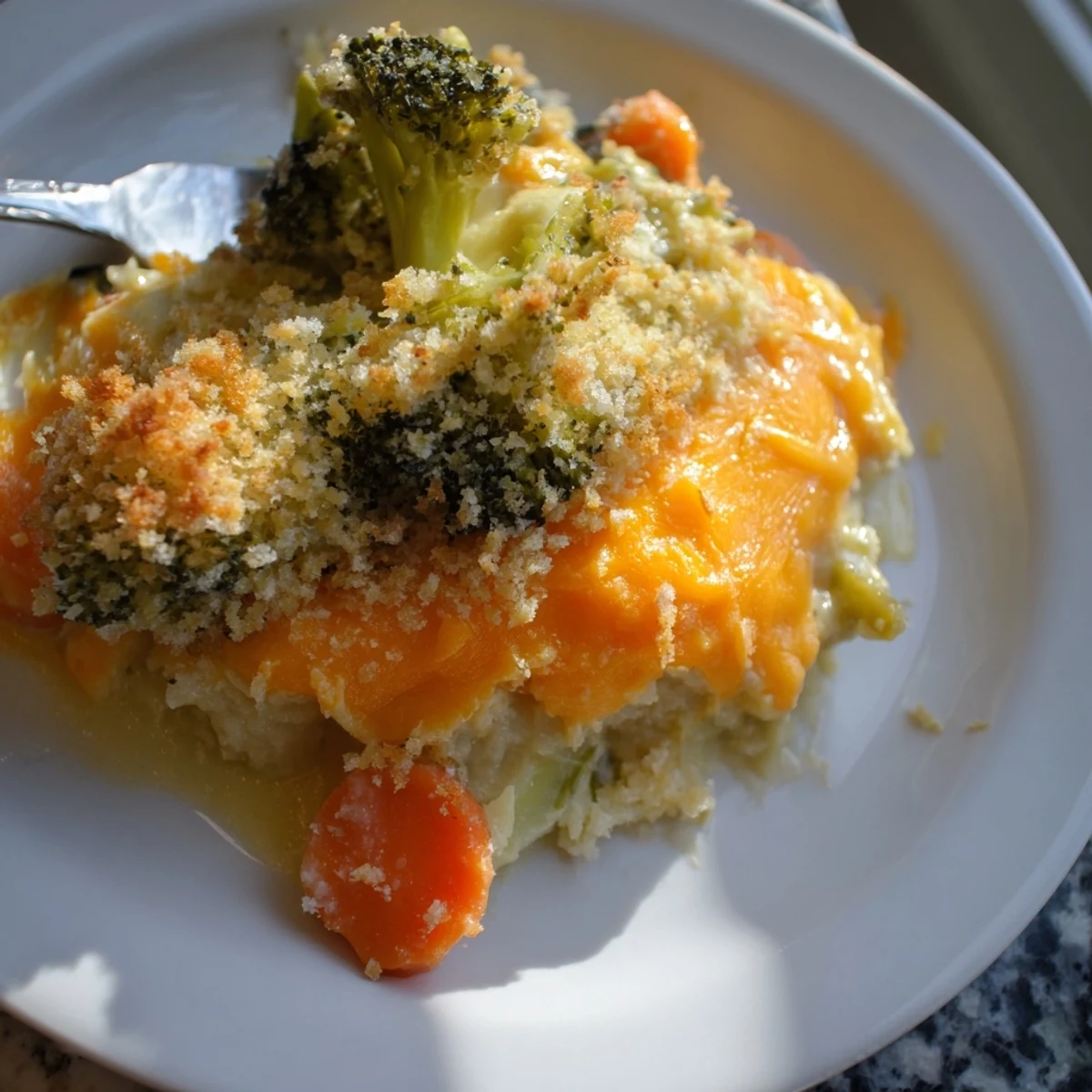 Oven-baked Cheese Bake Broccoli Carrots topped with crunchy panko and bubbling cheddar  