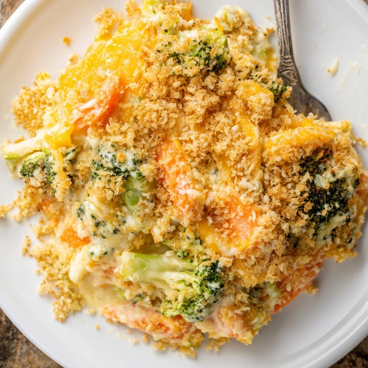 Spoon-ready Cheese Bake Broccoli Carrots resting five minutes, creamy interior and golden crust