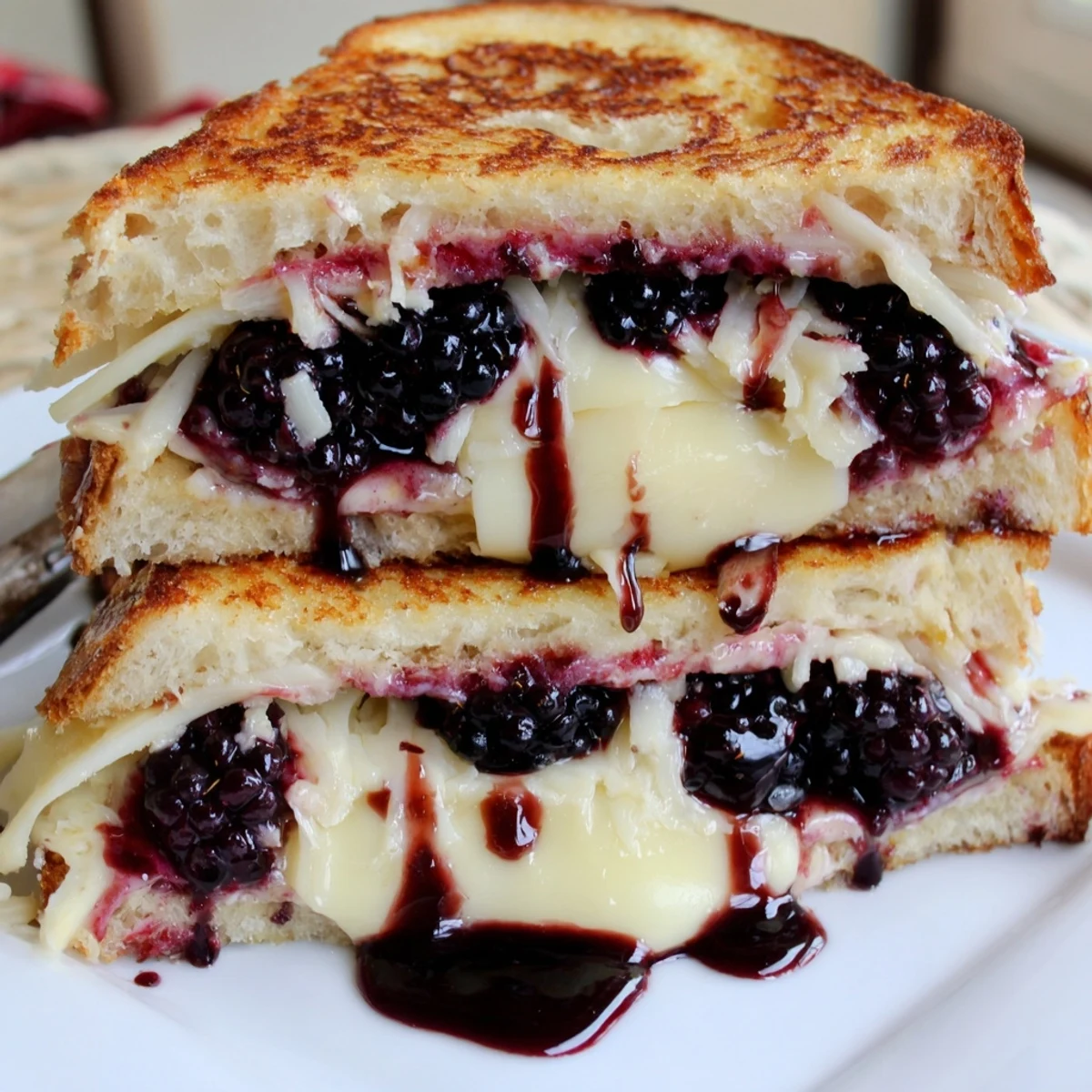 Slice of Balsamic Blackberry Bliss Grilled Cheese with balsamic glaze, served warm