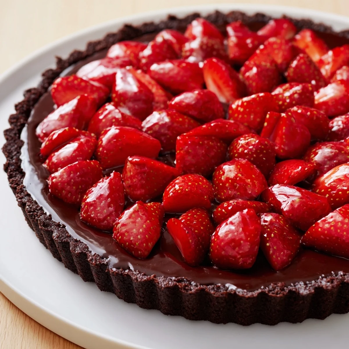 Dark Chocolate Strawberry Tart with glossy ganache, crisp chocolate crust, sliced strawberries.