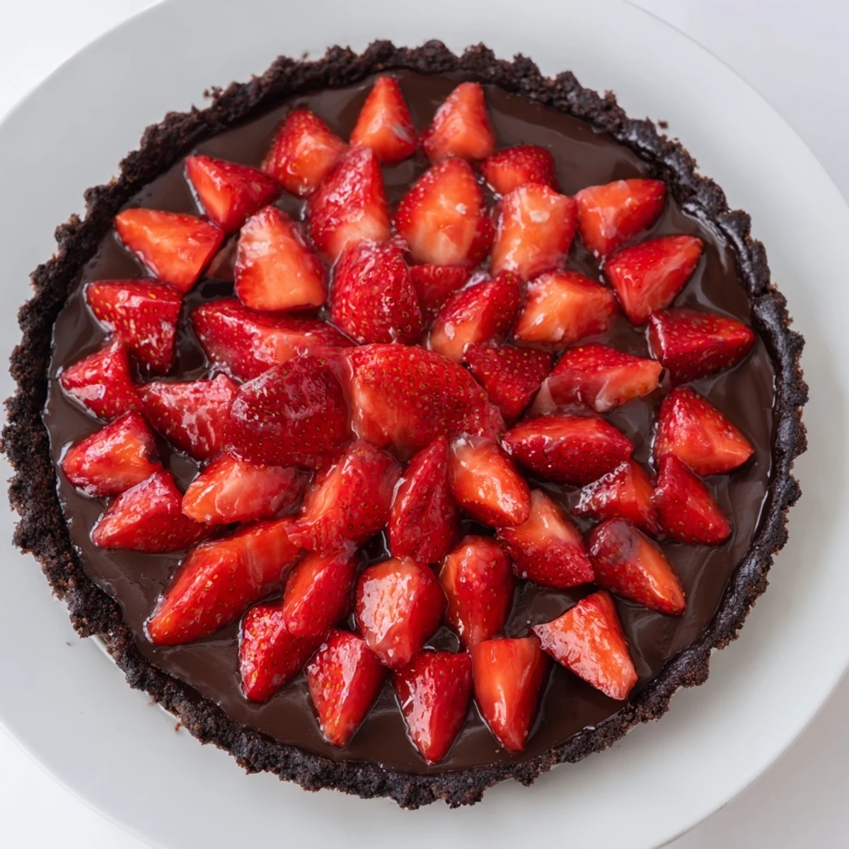 Chilled Dark Chocolate Strawberry Tart recipe topped with fresh halved strawberries, apricot glaze.