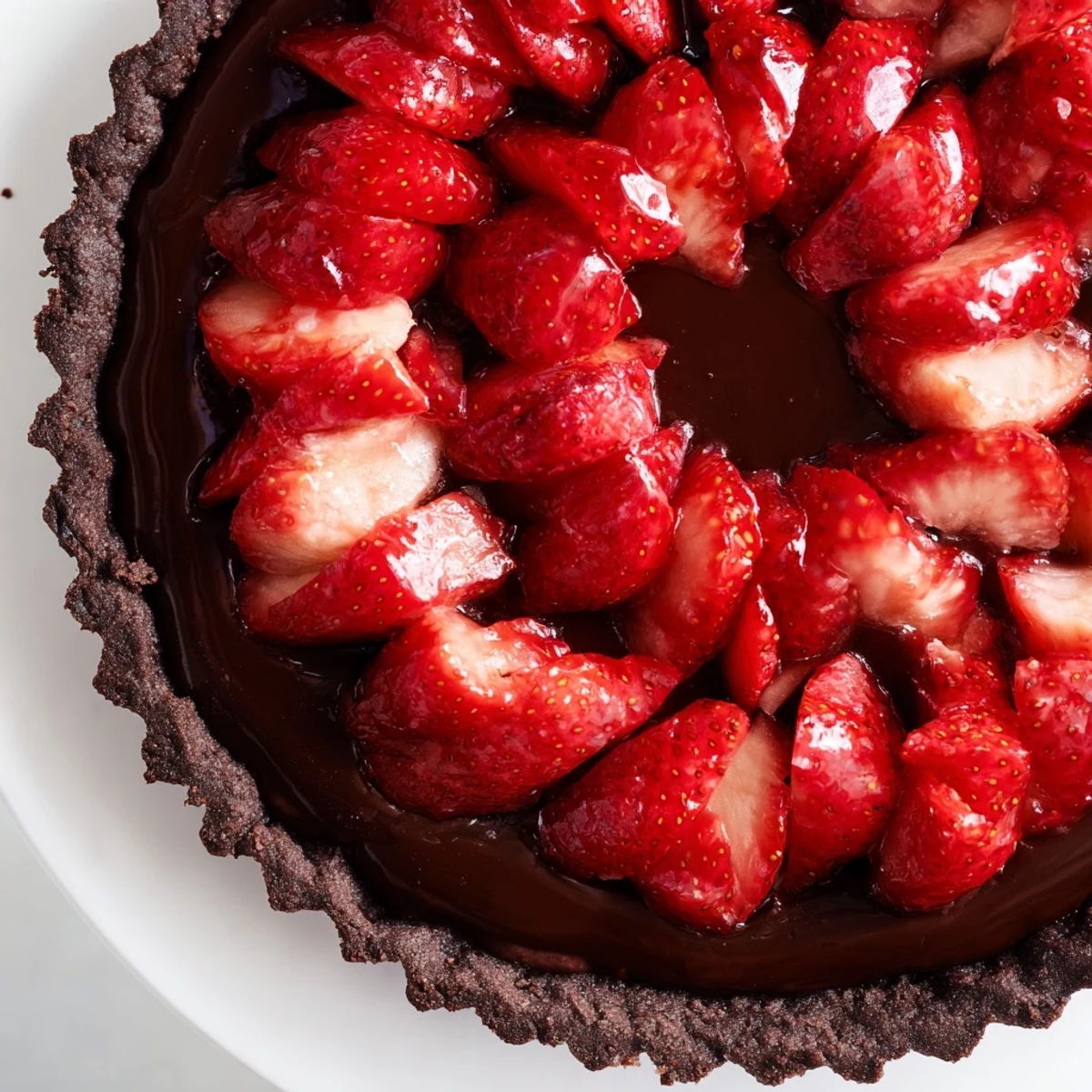 Slice of Dark Chocolate Strawberry Tart on plate, silky ganache, jewel-like berries.