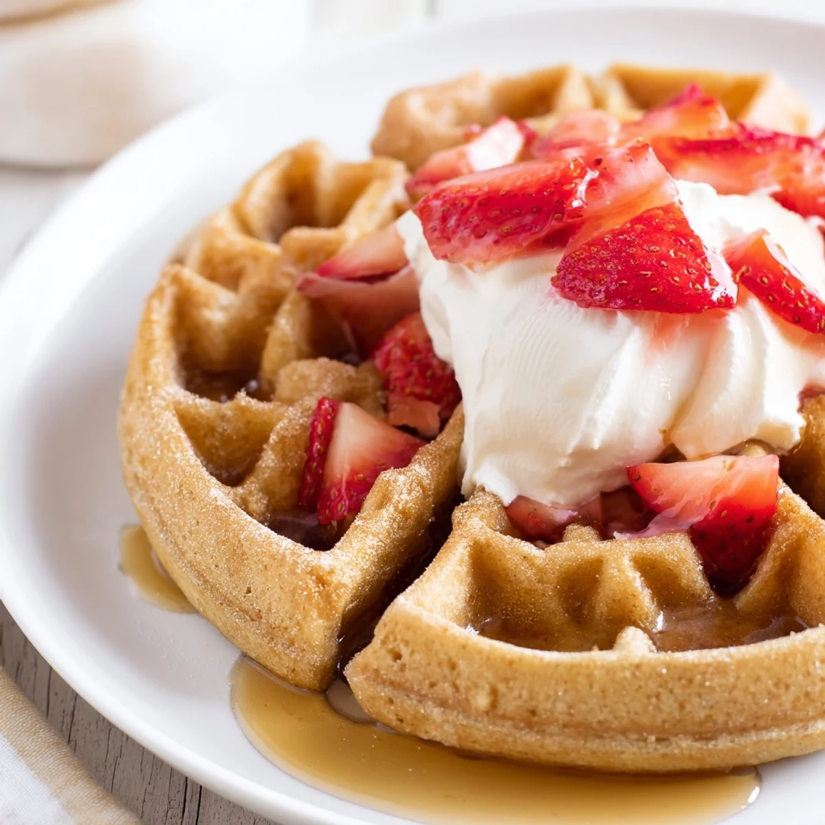 Strawberry Waffles Recipe: golden, fluffy waffles topped with whipped cream and berries