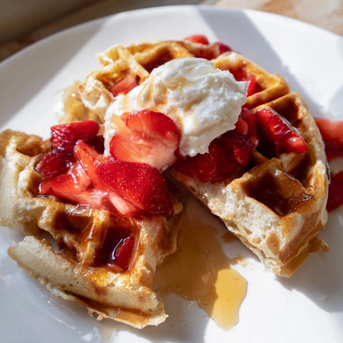 A warm Strawberry Waffles Recipe served with maple syrup and sliced strawberries