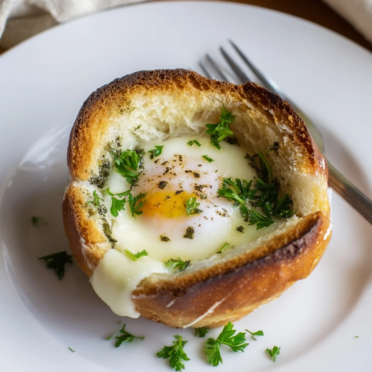 Warm Lazy Garlic Bread Egg Cups with golden yolks and parsley garnish