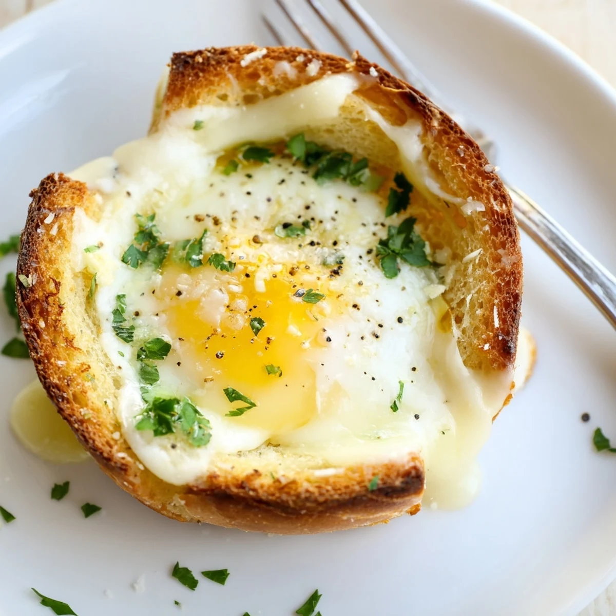 Center cut Lazy Garlic Bread Egg Cups reveal creamy yolk, paired with fruit