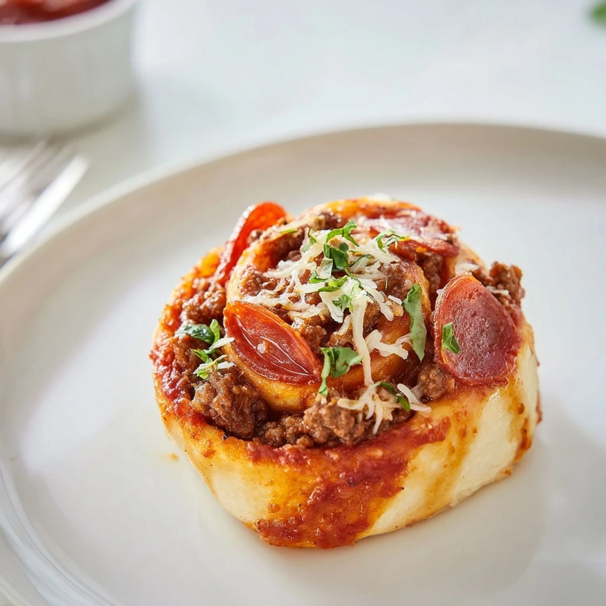 Hot Cheesy Beef Pepperoni Pizza Roll Ups with oozing cheese, served with marinara
