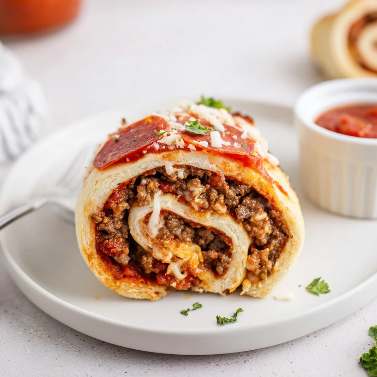 Golden, bubbly Cheesy Beef Pepperoni Pizza Roll Ups cooling on parchment, ready for dipping