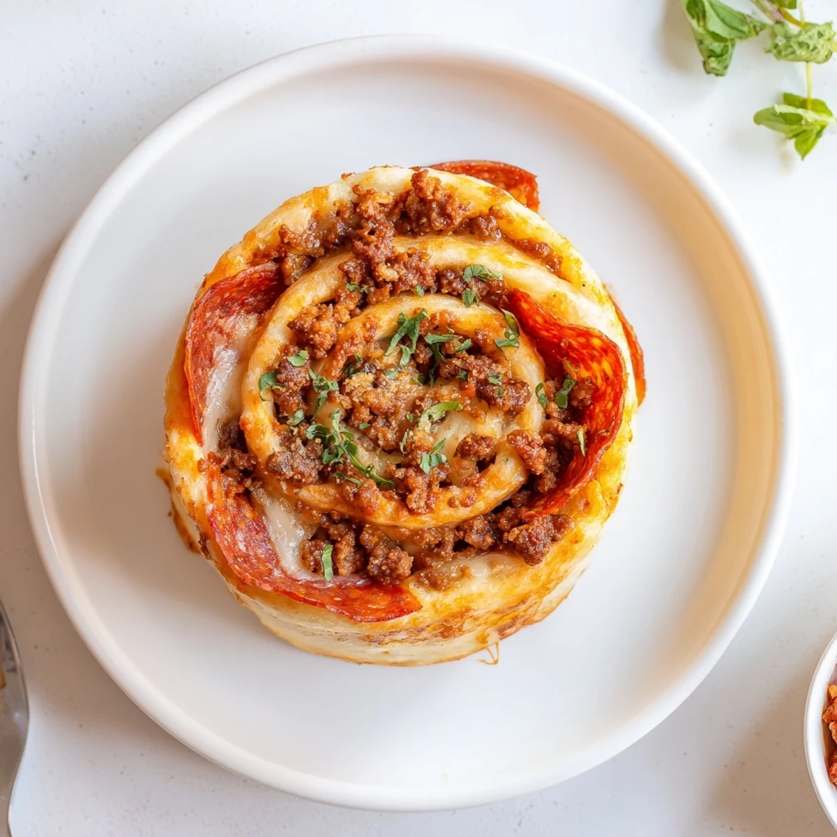 Baked Cheesy Beef Pepperoni Pizza Roll Ups on a sheet, garnished with basil