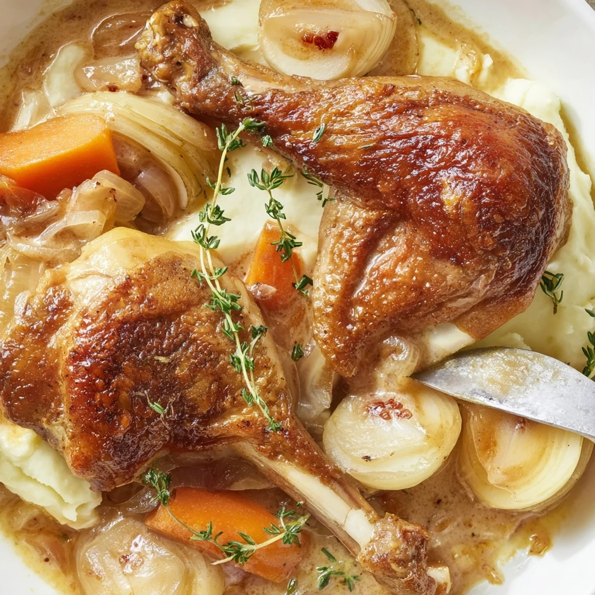 Rustic French Chicken Casserole à la Normande with caramelized apples and creamy sauce
