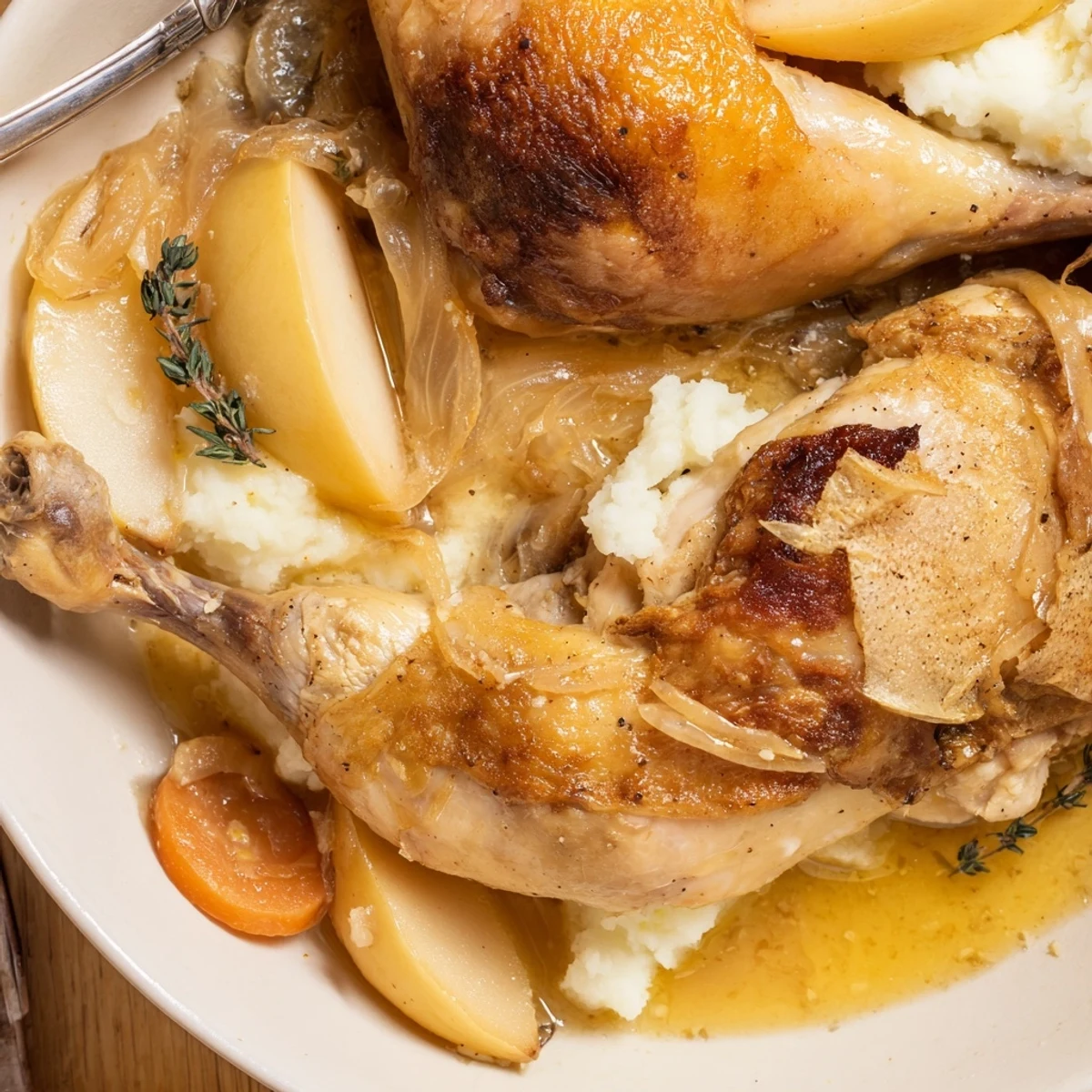 Oven-browned French Chicken Casserole à la Normande served over buttery mashed potatoes