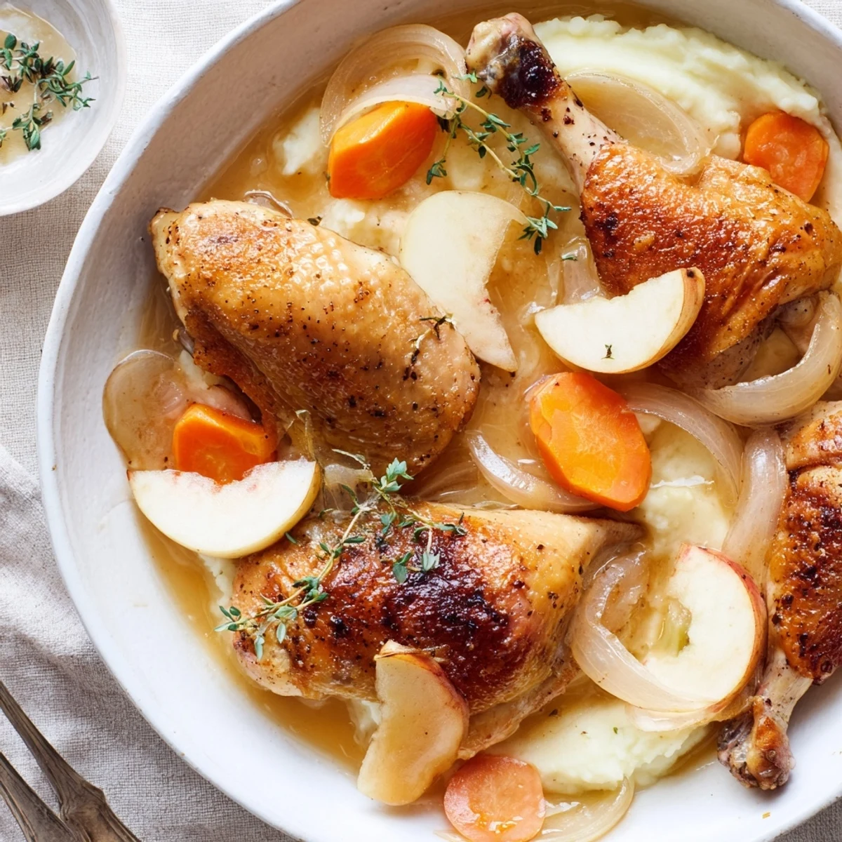 Aromatic French Chicken Casserole à la Normande simmering with cider, thyme, tender chicken