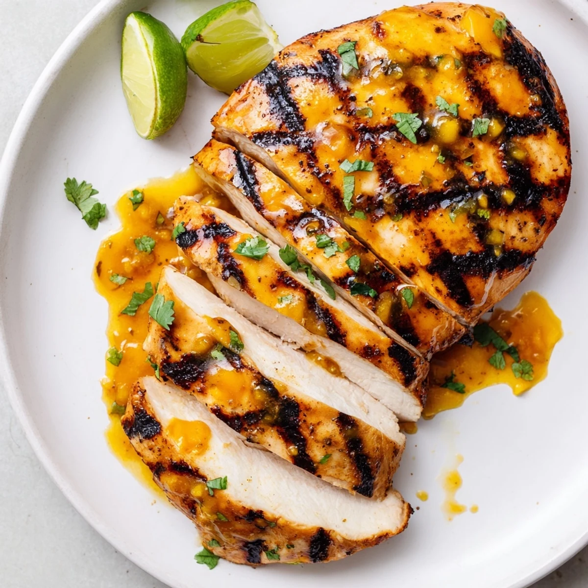 Smoky, citrus-kissed Grilled Mango Lime Chicken topped with cilantro and lime