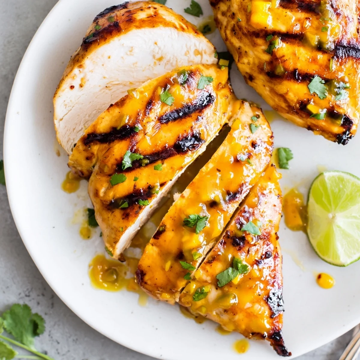 Grilled Mango Lime Chicken brushed with reserved marinade, served over coconut rice