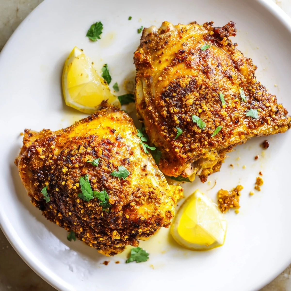 Crispy roasted Moroccan Spiced Chicken Thighs glistening with citrus and cilantro