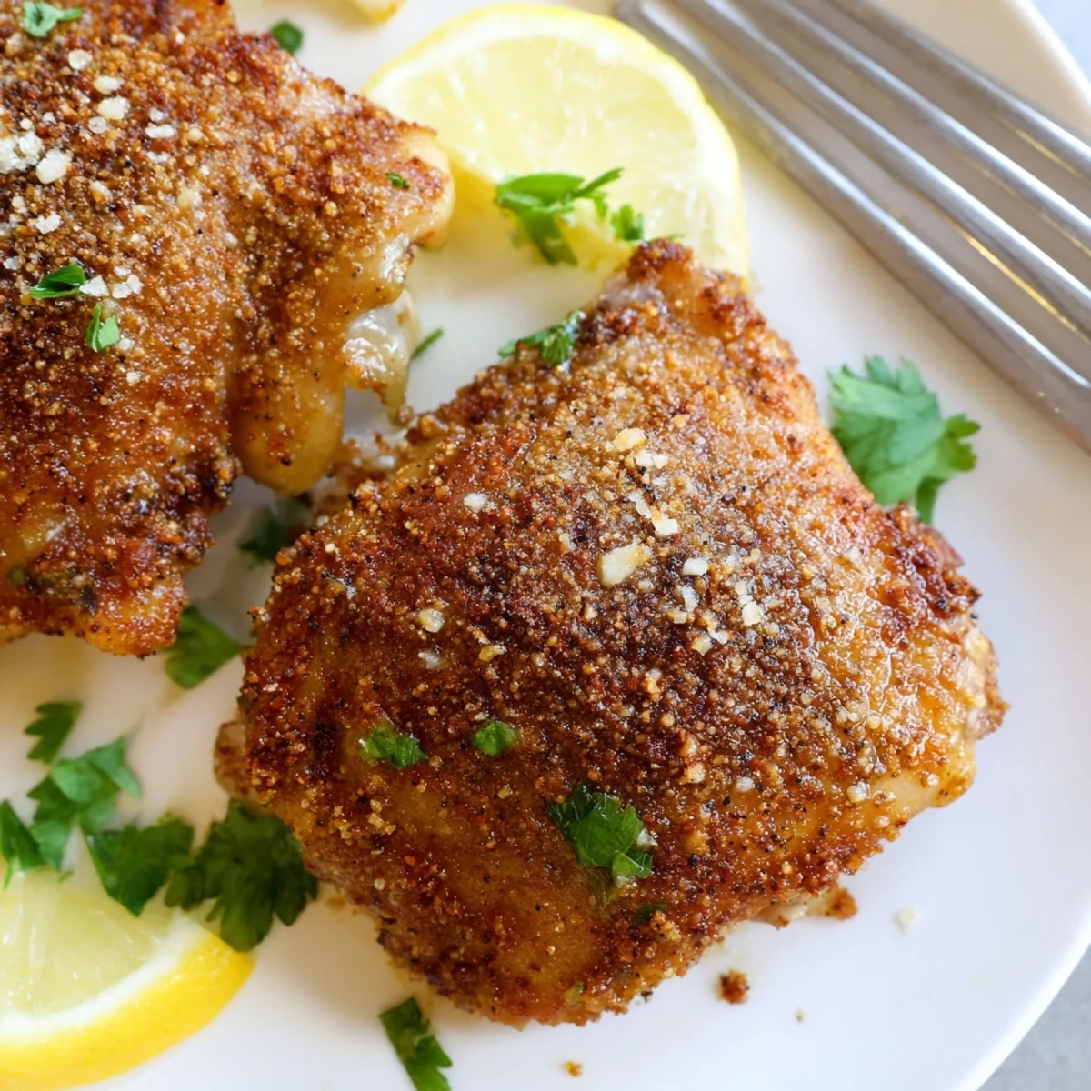 Smoky, citrus-marinated Moroccan Spiced Chicken Thighs served with lemon wedges