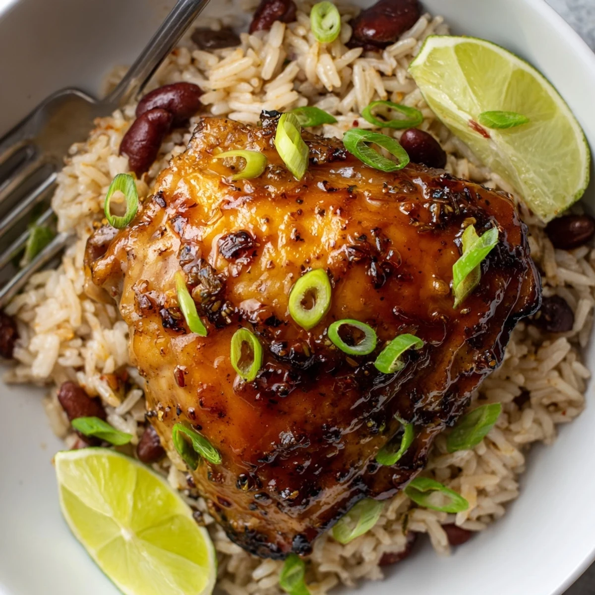 Oven-baked Caribbean Jerk Chicken And Rice, juicy thighs atop fragrant coconut and bean rice.