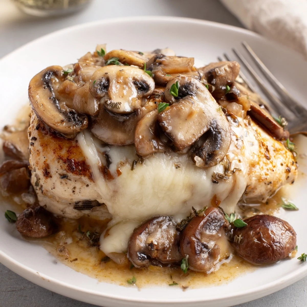 Cheesy Baked Chicken With Mushrooms bubbling golden, tender chicken, garlicky mushroom topping