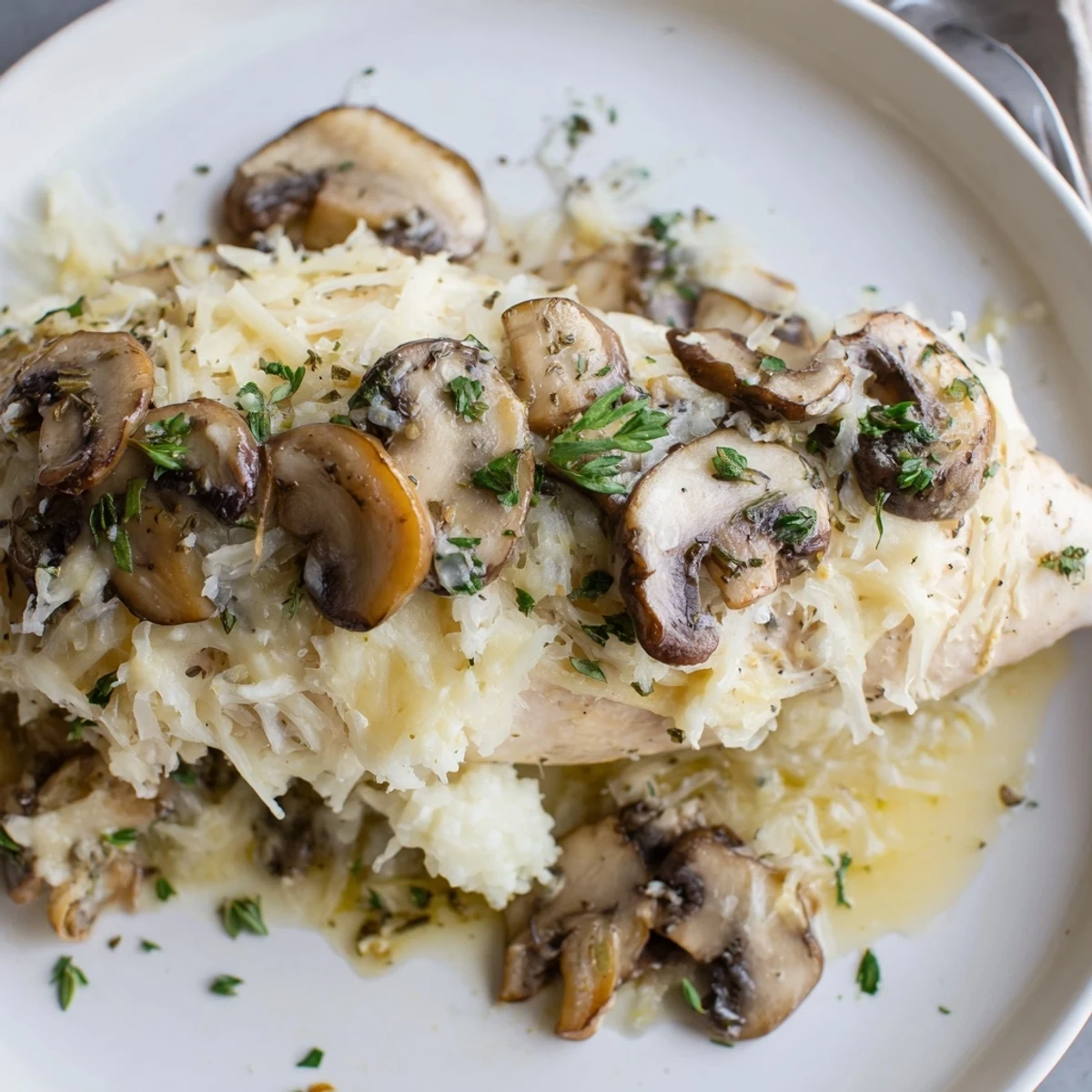 Plate of Cheesy Baked Chicken With Mushrooms, melted cheese pull and thyme garnish