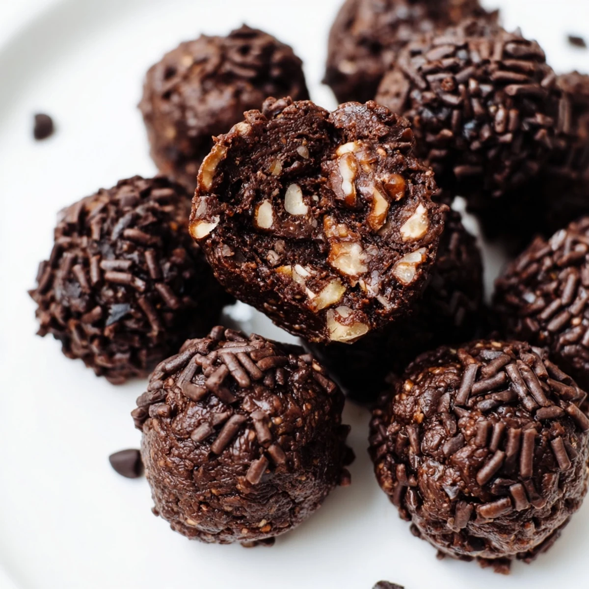 Fudgy no bake brownie bites rolled in coconut and chocolate chips on a white plate