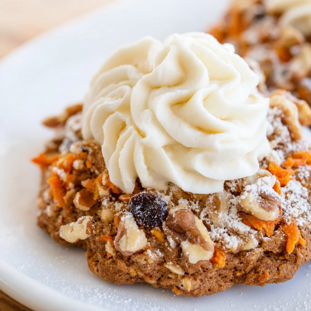 Soft chewy carrot cake cookies topped with creamy cream cheese frosting and chopped walnuts