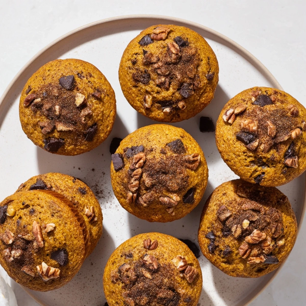 Batch of twelve fluffy pumpkin banana muffins with spices, perfect for autumn morning meal