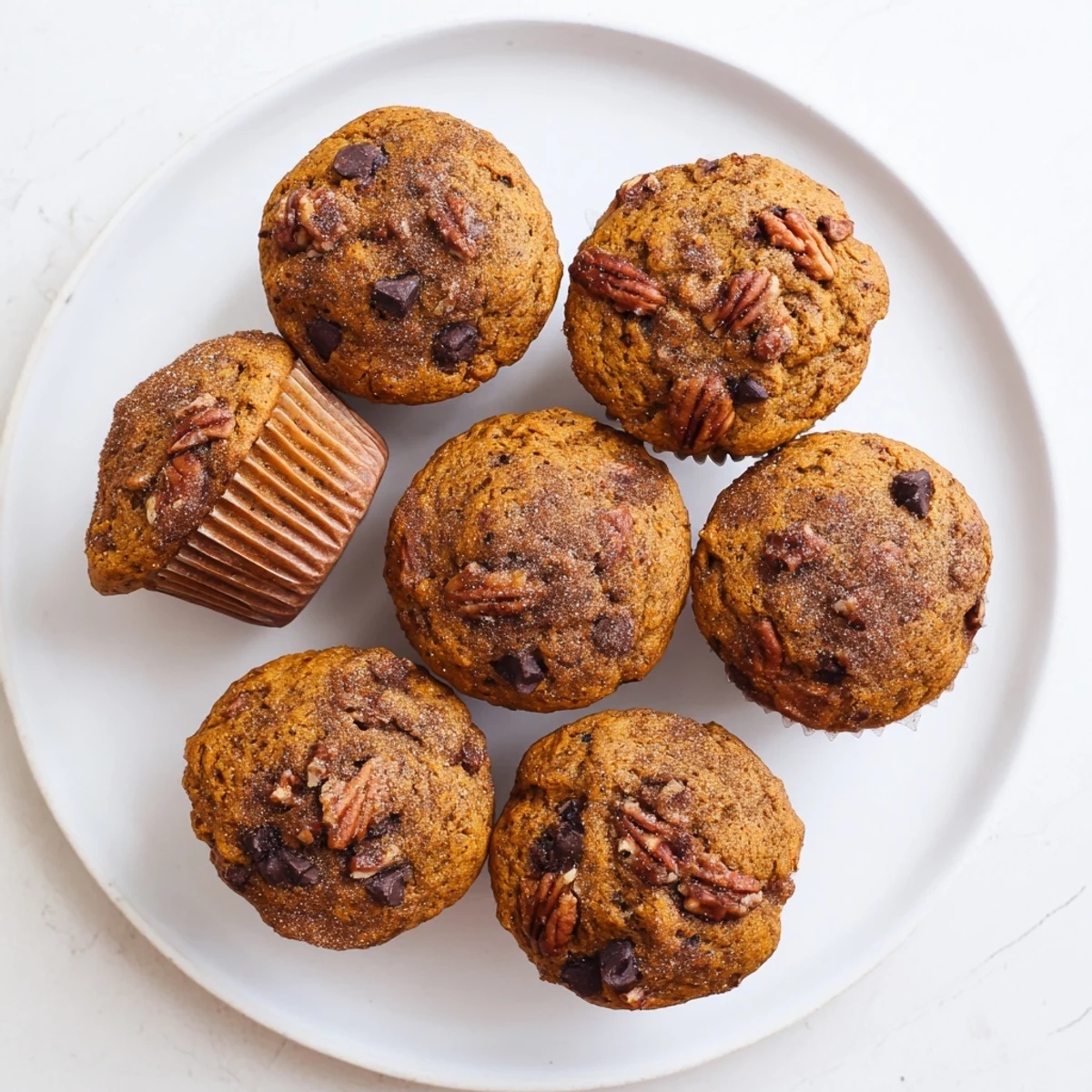 Warm pumpkin banana muffins sprinkled with chopped walnuts, ready for cozy fall breakfast